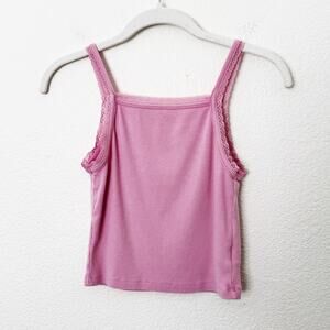 [American Eagle] Pink Ribbed Knit Square Neck Lace Trim Crop Tank Top Sz Medium